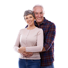 Image showing Portrait, hug and mature couple on a white background for bonding, affection and loving relationship. Marriage, happy and senior man and woman embrace for commitment, love and care in studio together