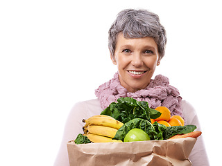 Image showing Portrait, vegetables and old woman with fruit, smile and nutrition isolated on a white studio background. Face, pensioner and senior person with wellness and diet plan with healthy food and groceries