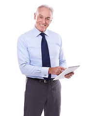 Image showing Typing, portrait and senior man with tablet, business or consultant isolated on white studio background. Old person, mockup space or broker with technology or accountant with finance, app or trading