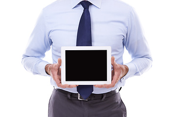 Image showing Tablet, screen or hands of businessman in studio with recruitment, mockup or news on white background. Digital, presentation or closeup of entrepreneur with hiring app, sign up or opportunity offer