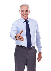 Image showing Handshake, portrait and senior businessman with welcome offer in studio for networking opportunity on white background. B2b, hello or CEO face with shaking hands contract for crm, recruitment or deal