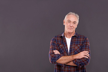 Image showing Senior, mockup or man in portrait with arms crossed, confidence or fashion style on grey background. Proud person, casual male model or serious mature guy isolated in studio with clothes or ad space