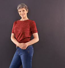 Image showing Portrait, fashion and elderly woman with smile, retirement and confident pensioner on a grey studio background. Face, old person and joyful with stylish clothes and casual outfit with mockup space