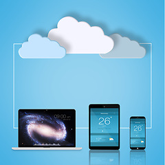 Image showing Devices, cloud computing and network for connection with gadgets for data storage or database and software update. Wallpaper, technology and communication with internet for virtual or digital.