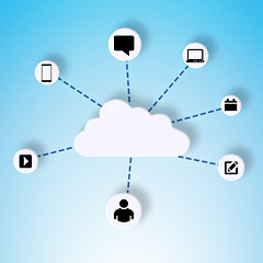 Image showing Cloud computing, abstract and graphic in studio for connection isolated on a blue background. Networking, icons and data on internet for information, online or communication with illustration pattern