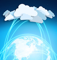 Image showing Cloud computing, icon and global with graphic, data and connectivity with digital transformation. Networking, futuristic expansion and information technology with online server for earth with map