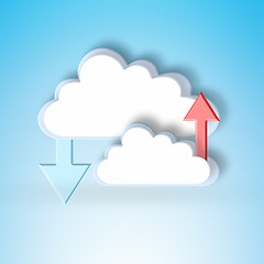 Image showing Cloud computing, graphic and arrow for download for data science, information technology and art on blue background. Networking, storage icon and futuristic it for digital expansion with upload sign