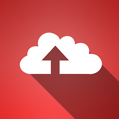 Image showing Cloud computing, graphic and arrow with upload icon for data, information technology and art on red background. Networking, remote storage and futuristic it for digital expansion with connectivity