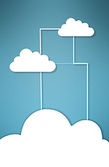Image showing Cloud computing, connection and graphic for data with sign, information technology and art on blue background. Networking, storage icon and futuristic it for digital transformation with expansion