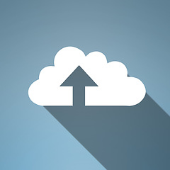 Image showing Cloud computing, graphic and arrow for upload for data science, information technology and art on blue background. Networking, storage icon and futuristic it for digital expansion with connectivity