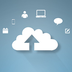 Image showing Software, cloud computing and network for connection with gadgets for data storage or database and application update. Wallpaper, technology and communication with internet for virtual or digital.