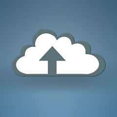 Image showing Cloud computing, graphic and arrow for upload with sign for data, information technology and art on blue background. Networking, storage icon and futuristic it for digital expansion with connectivity