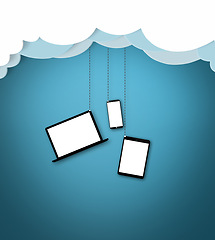 Image showing Technology, cloud computing and network for connection with device for data storage or database and software update. Mockup, gadget and communication with internet for virtual or digital display