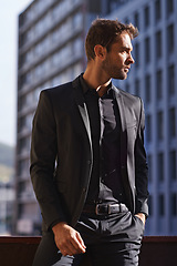 Image showing Formal suit, confident and businessman on balcony for thinking and planning for work in city. Real estate agent, idea and entrepreneur in realtor career and professional job in commercial property