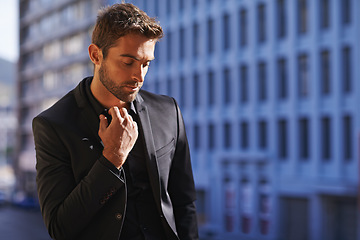 Image showing Thinking, confident and professional businessman on balcony with idea and formal jacket for work in city. Young entrepreneur, decision and confidence with planning for startup and ambition in town