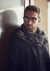 Image showing Young businessman, confident and fashion with glasses for office and satisfaction of professional at work. Thinking, entrepreneur or trendy clothes or eyewear and creative person in startup company