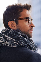 Image showing City, serious and face of business man with glasses for travel, commute and walk to workplace. Professional, fashion and closeup of person in urban town thinking of ideas for career, job and work