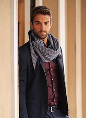 Image showing Fashion, thinking and handsome man in home with classy, elegant and stylish outfit with scarf for confidence. Ideas, fancy and male person with brainstorming face, style and accessory in modern house