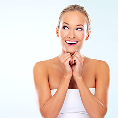Image showing Mockup, skincare and woman with thinking in studio for cosmetics, dermatology and facial routine. Female person, smile and idea for self care with treatment, shine and wellness on white background