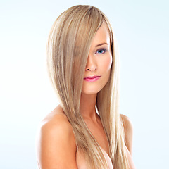 Image showing Woman, hair and portrait for blonde and style with heat and keratin treatment for wash. Model, attractive and glossy for healthy strand with shampoo for smooth and volume for conditioner and long