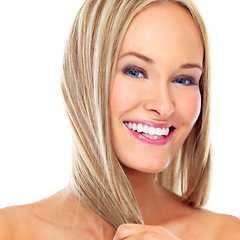 Image showing Portrait, hair care and smile of woman with makeup, skincare or aesthetic isolated on a white studio background. Face, hairstyle and happy blonde model with beauty cosmetics at salon for hairdresser