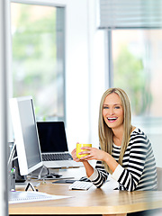 Image showing Computer, coffee and portrait of woman in office for research on internet for finance project. Smile, technology and professional financial advisor working on company budget on desktop in workplace.