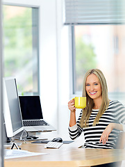 Image showing Portrait, business and woman with coffee, happy and professional with computer and relaxing. Face, PR consultant and entrepreneur with morning tea or pc with confidence and creative agency with smile