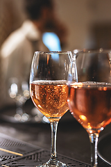 Image showing Close-up of two glasses of rose sparkling wine