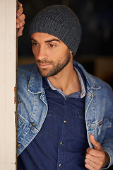 Image showing Thinking, fashion and handsome male person in home, thoughtful and idea in denim. Confidence, relax and pensive for unsure man thinker, beanie or cold weather in England and contemplation or doubt