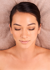 Image showing Woman, relax and spa for massage, wellness and skincare for body, treatment and detox for luxury and fresh. Model or young person and smile for rest on table for break, care and beauty for holiday