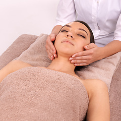 Image showing Woman, rest and spa for massage, wellness and skincare for body, treatment and detox for luxury. Model or young person and relax for touch on towel for break, care and beauty for holiday and calm