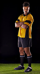 Image showing Portrait, referee or man with arms crossed in sports game on turf ready for warning, foul call or football. Soccer match, discipline or male person in studio for rules or caution on black background