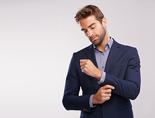 Image showing Mockup, studio and professional businessman with confidence, corporate fashion and pride. Salesman, consultant or entrepreneur man in business suit with stylish gentleman clothes on white background