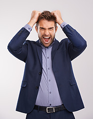 Image showing Really. Entrepreneur, man and stream or angry in studio white background with frustration, anger and upset. Portrait, businessman and hands in head to shout or furious with company deadline in suit.