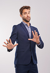 Image showing Businessman, hand gesture and studio to refuse or decline business offer with concern on white background. Portrait entrepreneur and reject with move away to deny accusations as corporate person.