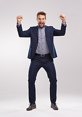 Image showing Excited, portrait or businessman with success and smile for winning a prize in studio on white background. Cheering, sales offer or happy salesman with motivation, news announcement or achievement