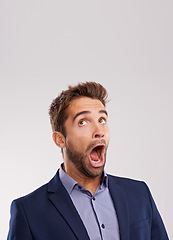 Image showing Studio, shock or businessman with announcement space on white background for style, offer or promo. Wow, entrepreneur or salesman in disbelief with breaking news, clothes deal or surprise mock up