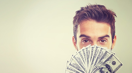 Image showing Eyes, money and savings or profit in studio on white background for business investment and funding. Portrait, closeup and paper notes or cash prize as reward for startup company and growth.