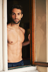 Image showing Portrait, wellness and muscular with man, shirtless and happy with stomach and healthy with confidence, home and window. Face, topless and guy with body and apartment with peace, relaxing and calming