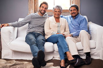 Image showing Sofa, smile and portrait of family relax at home, apartment and house for love, bonding and affection. Elderly people, parents and man with mother, father or relatives in living room, lounge or couch