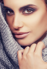 Image showing Closeup, makeup and portrait of woman for beauty, cosmetics and with scarf isolated on gray background. Female person, gen z girl and student with face, eyeshadow and skin care for cosmetology