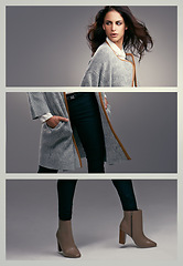 Image showing Coat, fashion collage or woman in portrait or studio for cool style, trendy jacket or comfortable outfit. Chic, lady or confident model in cozy heels or elegant winter clothing on grey background