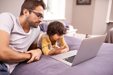 Image showing Family, father and son with laptop in bed for cartoon, movie and connectivity with technology for online streaming. People, man and child at home with computer or internet for bonding in house