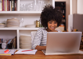 Image showing Woman, laptop and smile for social media, remote work and home office for career or job. Web designer, startup and connectivity with internet, workspace and notes for digital webpage project or email