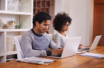 Image showing Couple, laptop and remote work with house, tech and internet for career or job. Man, woman and technology with table, home office and startup for connectivity with love and relationship in apartment