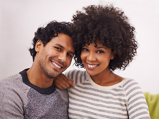 Image showing Couple, couch and portrait for care and love in home, smile and proud of marriage or commitment. Happy people, affection and relax on sofa in living room on weekend, support and trust in relationship