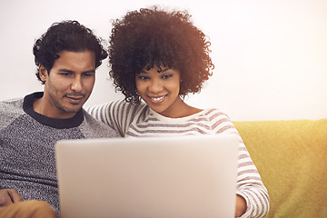 Image showing Couple, laptop and lounge with technology, smile and love for home or house date. Man, woman and living room for internet, tech and social media for bonding and happy relationship or marriage on sofa