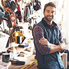 Image showing Tools, contractor and portrait of carpenter in workshop for manufacturing, project and creative small business. Man, equipment and smile with confidence for production, maintenance or woodworking