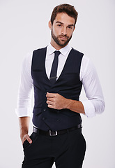 Image showing Man, fashion and portrait in studio with tuxedo or suit and isolated for trendy, style and classy. Young person, smile and handsome for formal clothes with shirt and tie for designer wear and alone