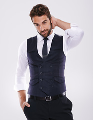 Image showing Portrait, confident and businessman in suit for fashion, stylish and luxury for aesthetic of glamour. Adult, guy and male person in white background, tuxedo and professional with smile for career